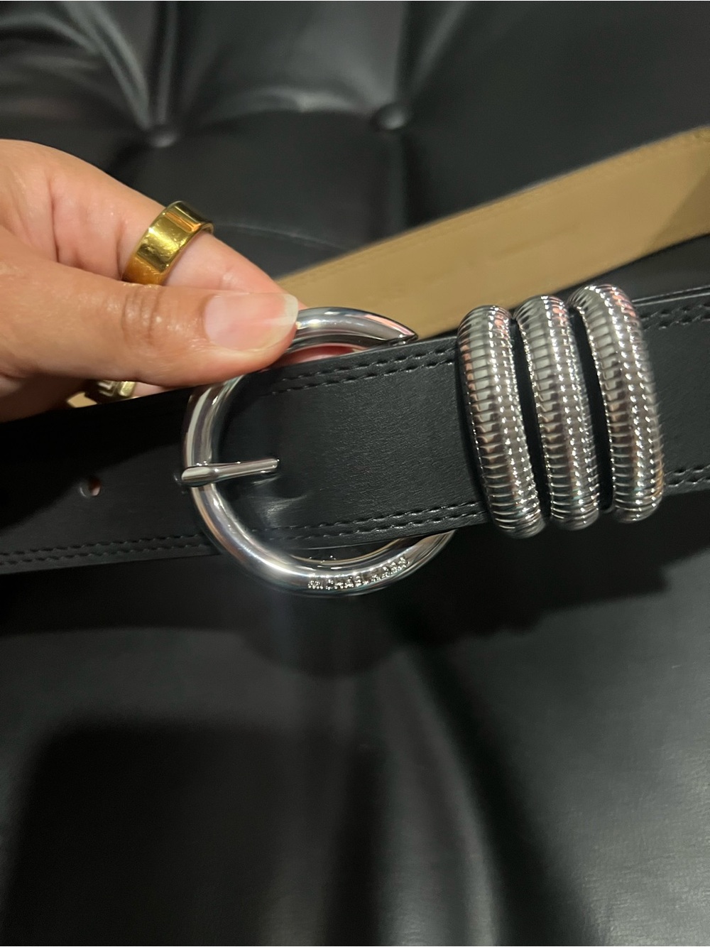Michael Kors Black Leather Belt with Silver-Tone Round Buckle